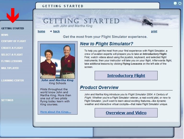 منوی شبیه ساز پرواز 2004